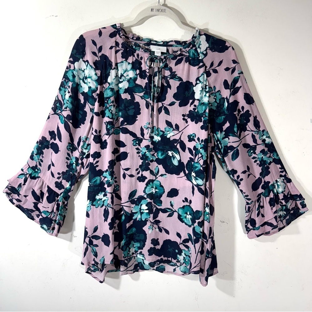 J. Jill Bell Sleeve V-Neck Floral Top Blouse Lilac Navy